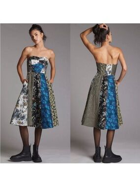 Anthropologie Patchwork Floral Maxi Skirt in Blue, Black, Cream, Brown